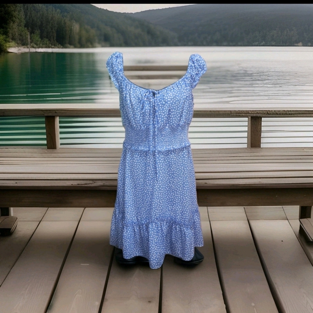 Ruffle Sun Mini Dress Side Zipper Blue with White Droplets Sz L